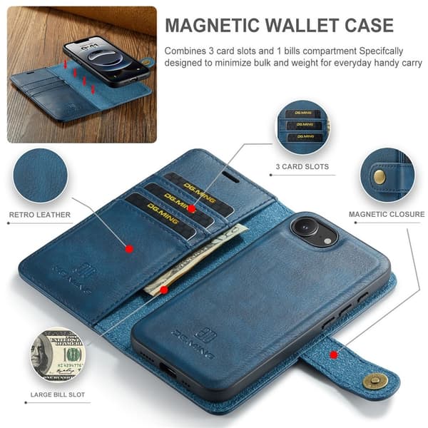 DG.MING 2-in-1 Magnet Wallet iPhone 16e Blue