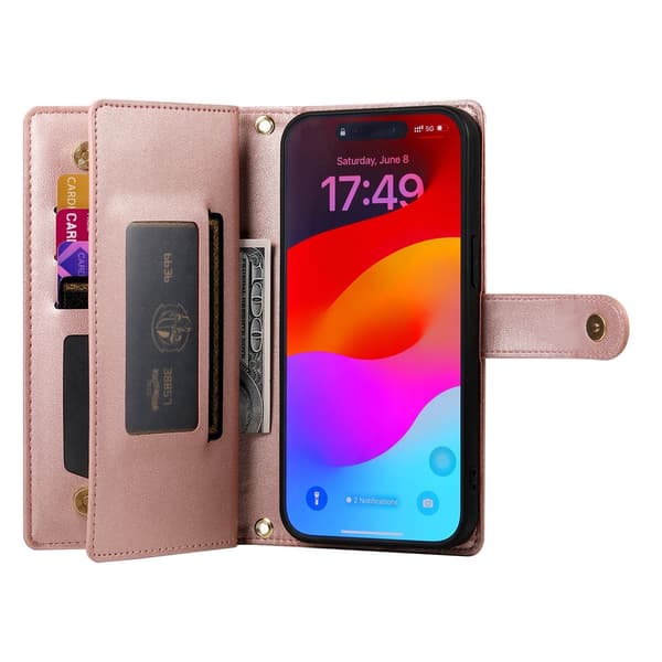 Plånboksfodral till iPhone 18 Pro med dragkedja och kortfack Rosa