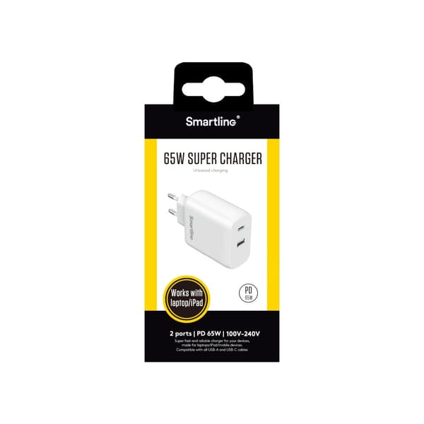 Smartline GaN 65W Snabbladdare Dual USB-C+A Vit