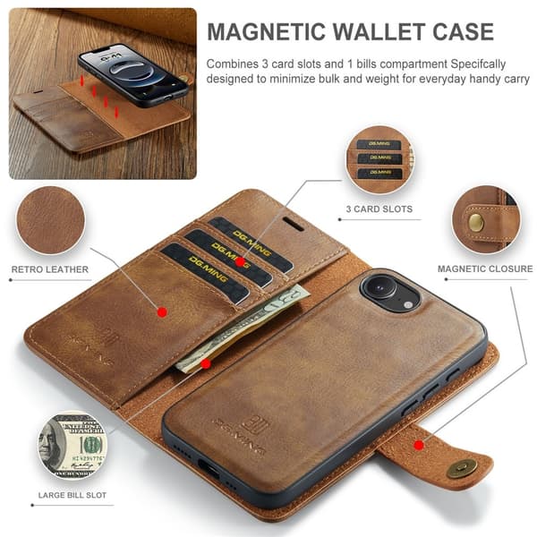 DG.MING 2-in-1 Magnet Wallet iPhone 16e Cognac