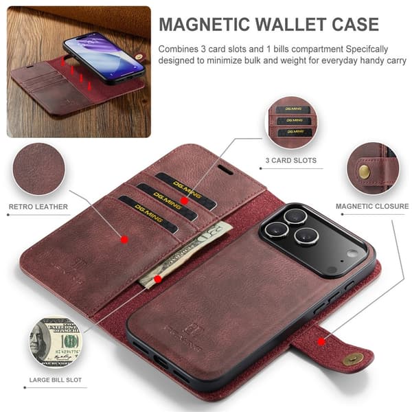 DG.MING 2-in-1 Magnet Wallet iPhone 17 Pro Red