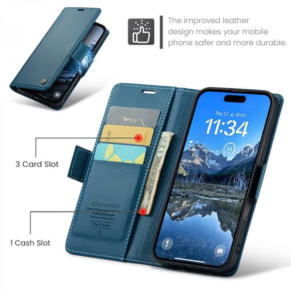 CaseMe Plånboksfodral till iPhone 18 Pro med RFID-skydd, kortfack och ställ Blå