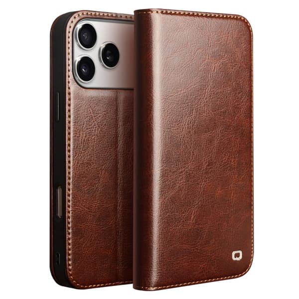 Qialino Plånboksfodral Äkta Läder iPhone 17 Pro Brun