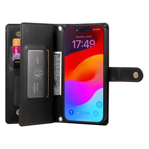 Plånboksfodral till iPhone 18 Pro med dragkedja och kortfack Svart