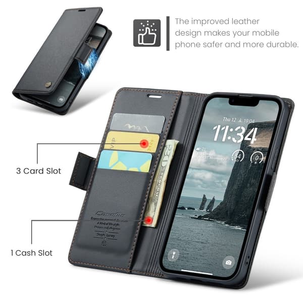 CaseMe Slim Plånboksfodral RFID-skydd iPhone 16e Svart