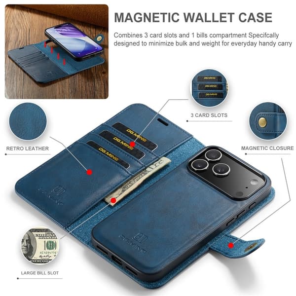 DG.MING 2-in-1 Magnet Wallet iPhone 17 Pro Blue