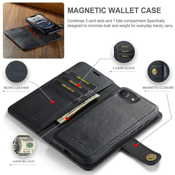 DG.MING 2-i-1 Magnetiskt Plånboksfodral iPhone 16e Svart