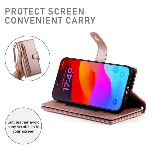 Plånboksfodral till iPhone 18 Pro med dragkedja och kortfack Rosa