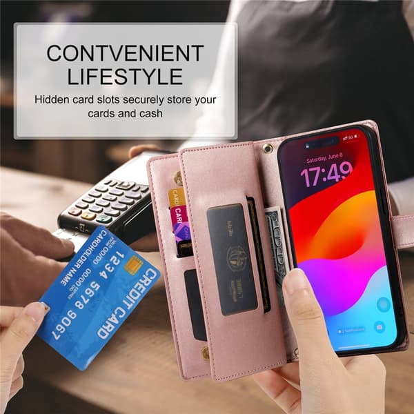 Plånboksfodral till iPhone 18 Pro med dragkedja och kortfack Rosa