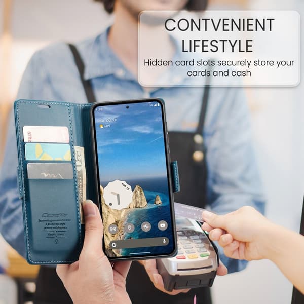 CaseMe Slim Plånboksfodral RFID-skydd Google Pixel 10 Pro Blå
