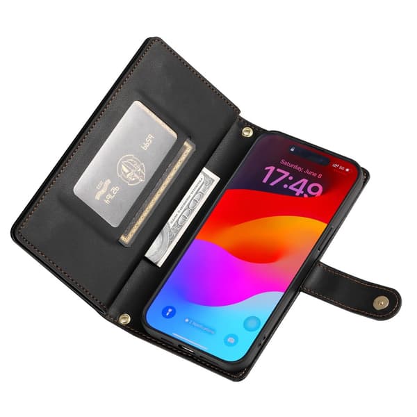 Plånboksfodral till iPhone 18 Pro med dragkedja och kortfack Svart