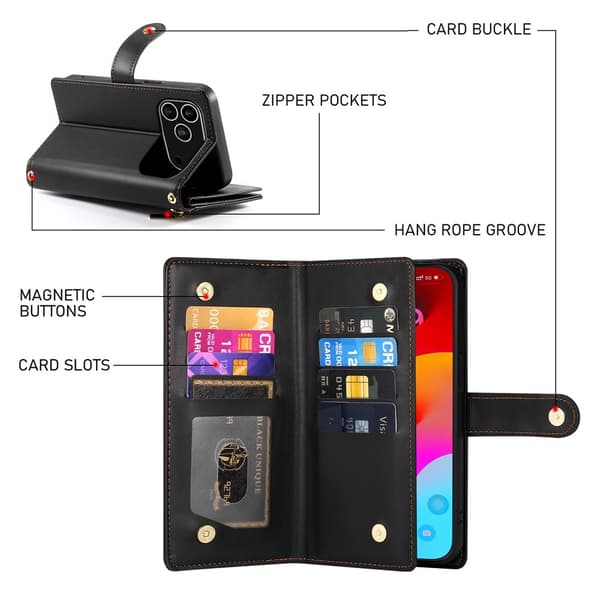 Plånboksfodral till iPhone 18 Pro med dragkedja och kortfack Svart