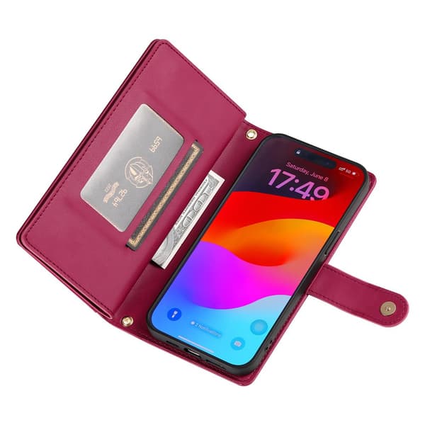 Plånboksfodral till iPhone 18 Pro med dragkedja och kortfack Röd