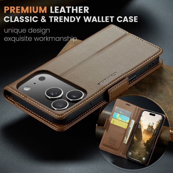 CaseMe Plånboksfodral till iPhone 18 Pro Max med RFID-skydd, kortfack och ställ Brun