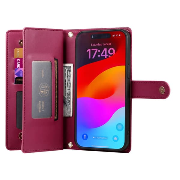 Plånboksfodral till iPhone 18 Pro med dragkedja och kortfack Röd