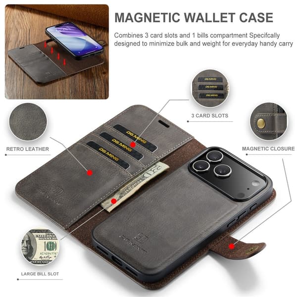 DG.MING 2-in-1 Magnet Wallet iPhone 17 Pro Brown
