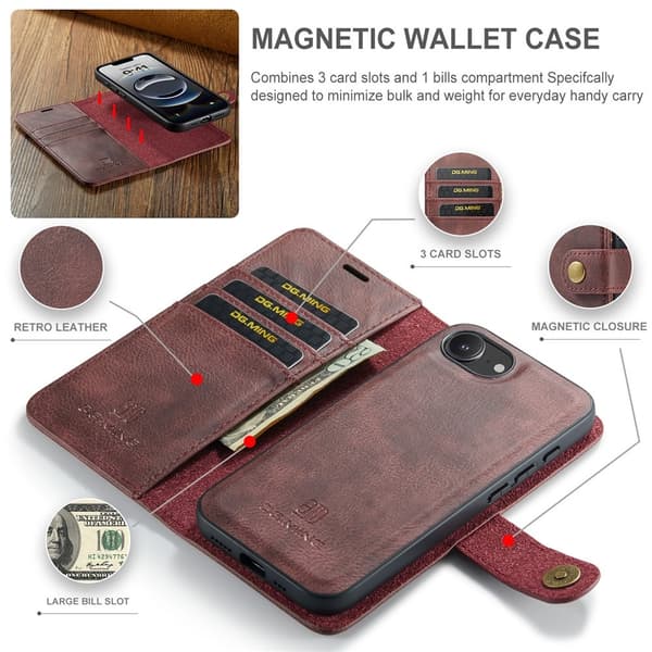 DG.MING 2-in-1 Magnet Wallet iPhone 16e Red
