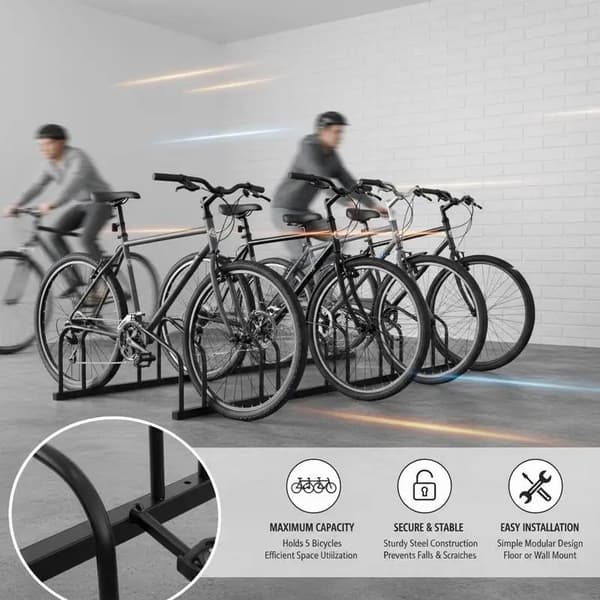 Cykelstativ, Stål Konstruktion, Holder 5 Cykler,sort