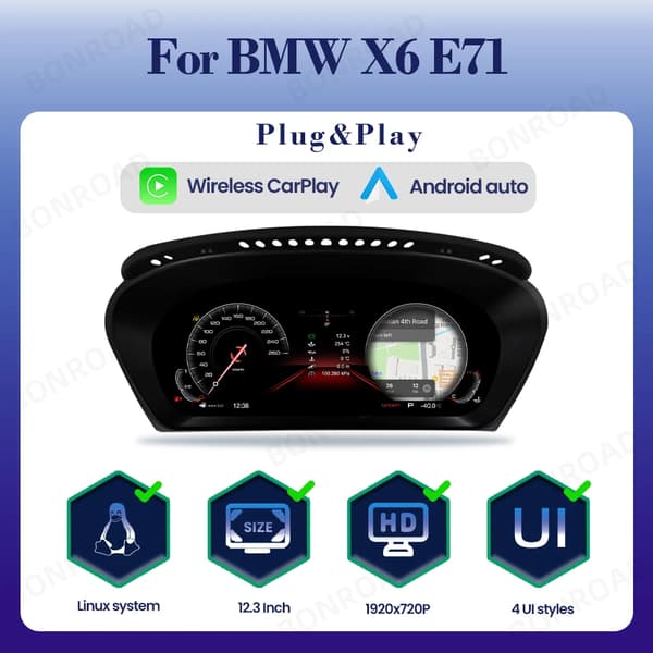 Digitalt Instrument Speedometer Cluster, 1920 x 720P, Plug and Play,X6 E71-a