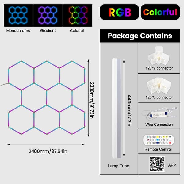 LED-lampa, hexagonal design, Bluetooth-kontroll,8-Hål