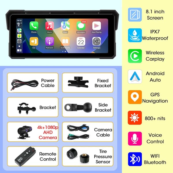 Motorcykel Touch Display, GPS-navigering, Bluetooth-anslutning,8.1 tum DVR_TMPS_controller