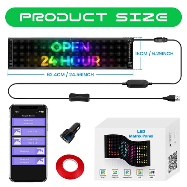 LED Programmerbar Skilt, APP Kontrol, Tilpassede Tekstfunktioner,16x62.4CM