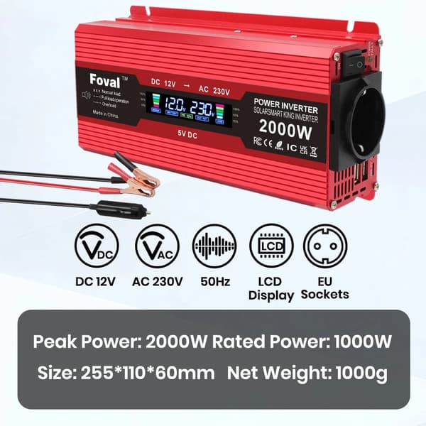 Inverter, Modified Sine Wave, Dual USB Ports, 2000W 12V Red