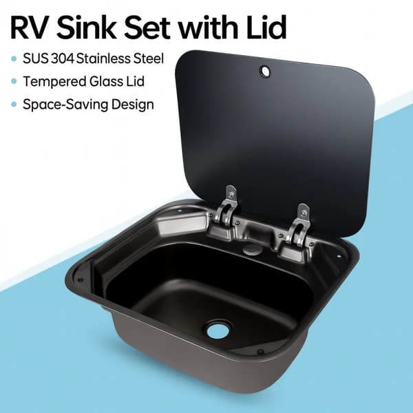 RV Vask, Rustfrit Stål, Tempereret Glaslåg,Sort&Grå