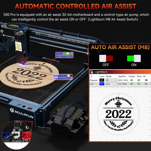 Lasergravør, Automatisk Luftassistance, Høj Præcisionsskæring,SCULPFUN S30 Pro, EU