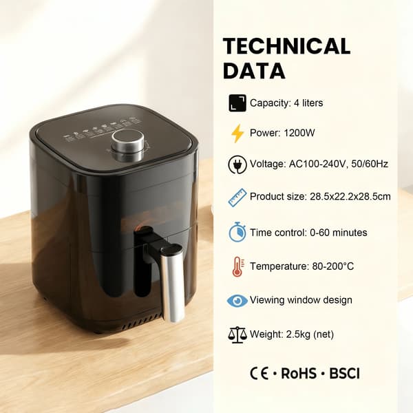 Ilmafriteeri, Suuri Näyttöikkuna, Energiatehokas,musta, EU