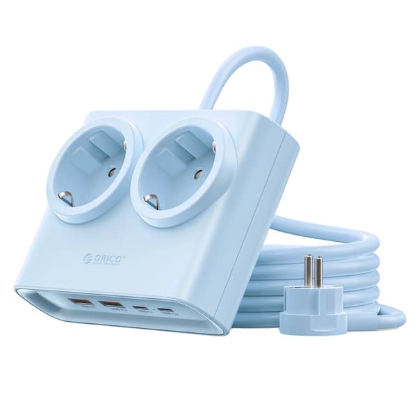 Strømstik, 2 AC-stik, 2 USB-porte,25W EU Blå