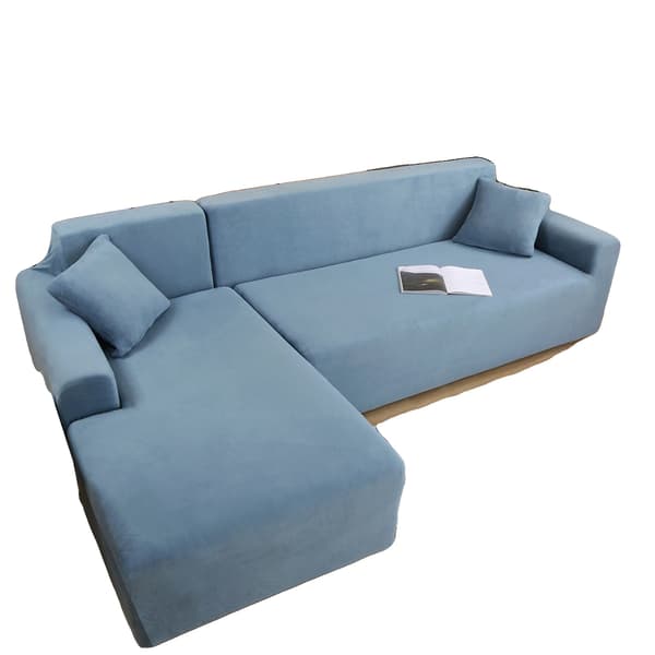 Sammetsoffapåse, L-formad design, högstretchtyg,Grå-blå, 3 Sittplatser-3 Sittplatser-c