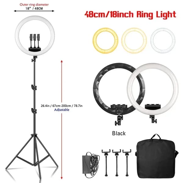 Ring Light, Dæmpbar Lysstyrke, 360° Rotation,200cm Sort