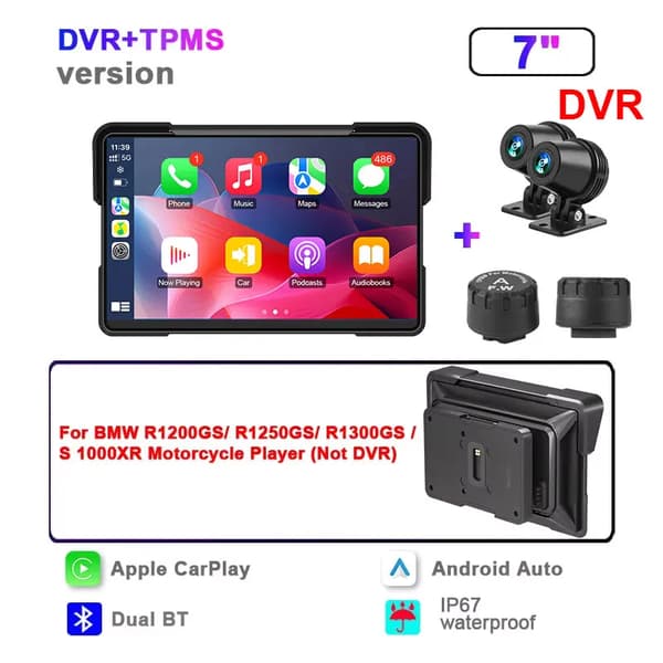 Carplay, Motorcykelradio, GPS-navigation, Bluetooth-forbindelse,Ingen-a, 7" Carplay-TPMS
