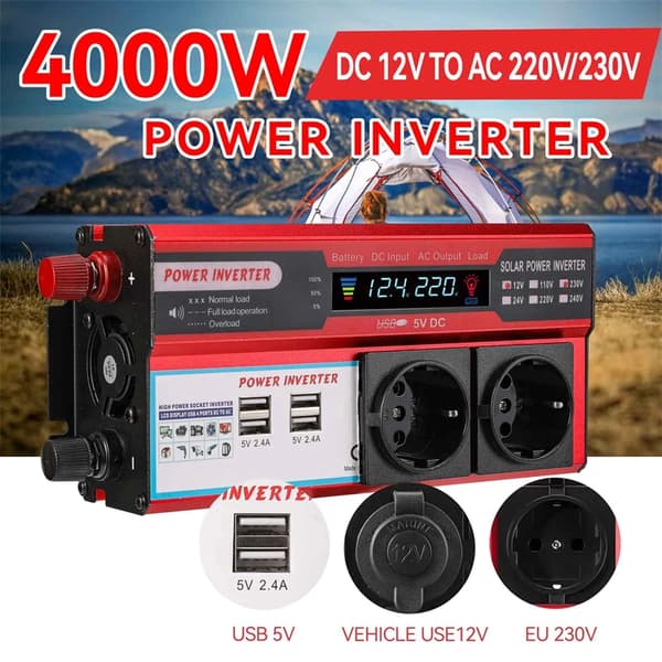 Strömväxlare, 4 USB-portar, LED-display,12V 4000W(EU)