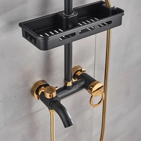 Duschset, mässingsmaterial, justerbar vattenflöde,Svart-Guld