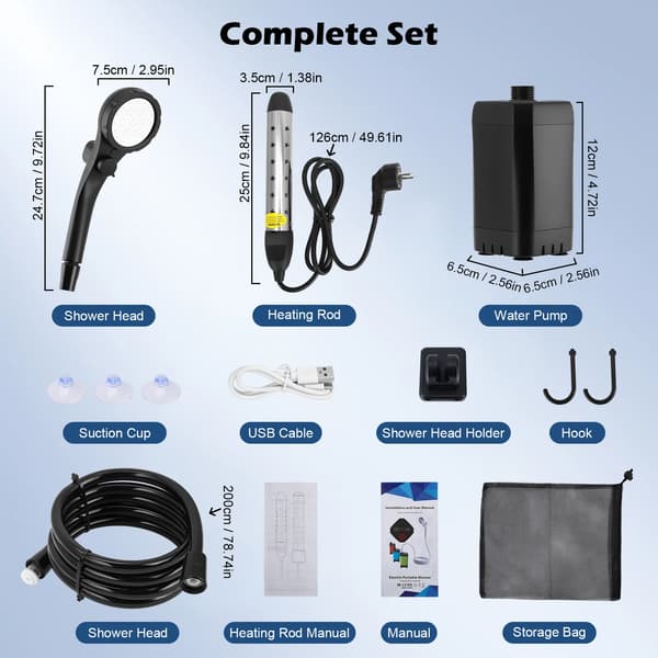 Bærbar Bruser Kit, 6000mAh Batteri, USB Opladning,sort