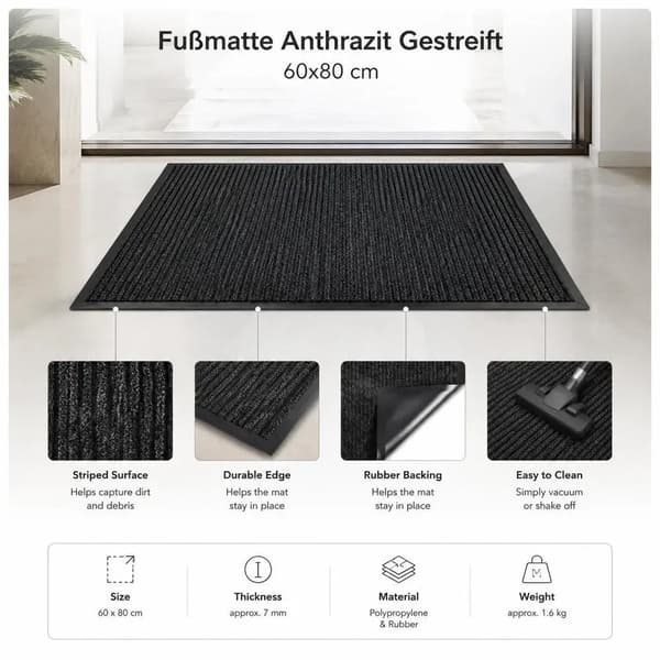 Dørmåtte, Antiskrid, Holdbart PVC-materiale,Anthracit