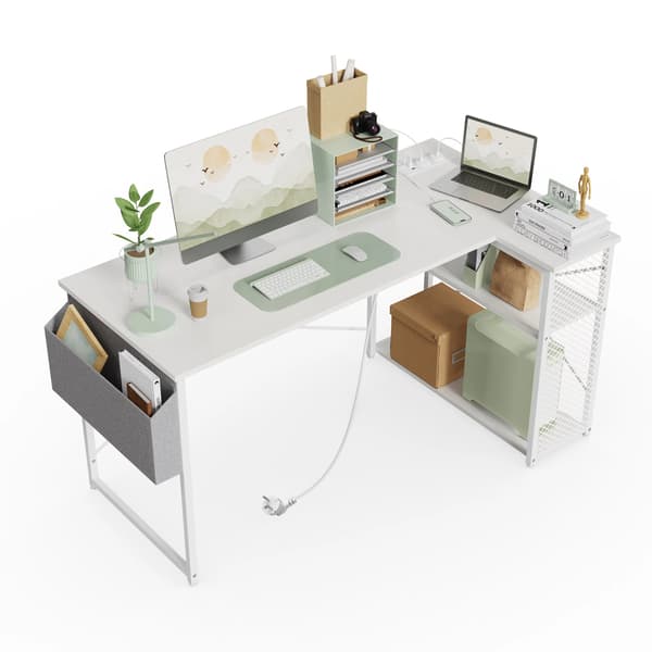 Datorbord, L-formad design, integrerade strömförsörjningar,Vit-120*70*75cm