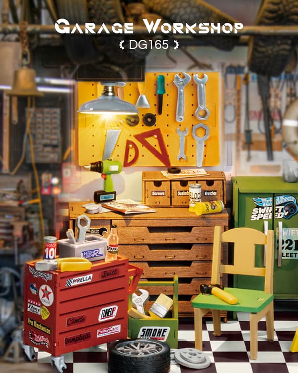 Mini Garage Workshop Kit, Intrikat Samling, LED Lys Inkluderet,Garageværksted