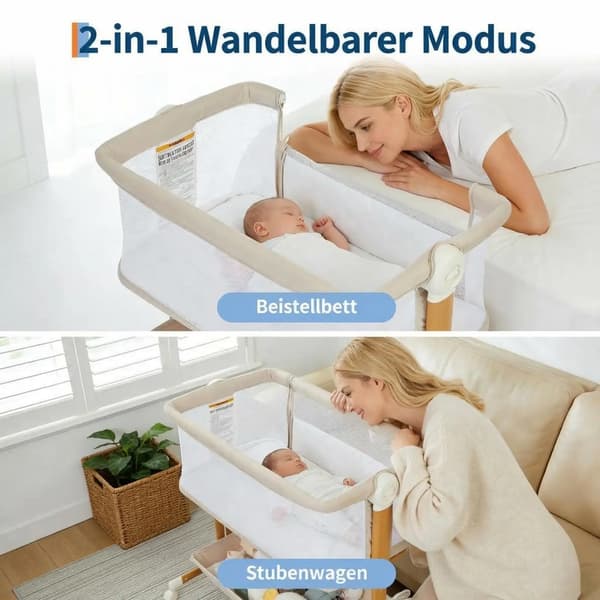 Krybbe, 2-i-1 Seng ved Sengen, Højdejusterbar,Beige
