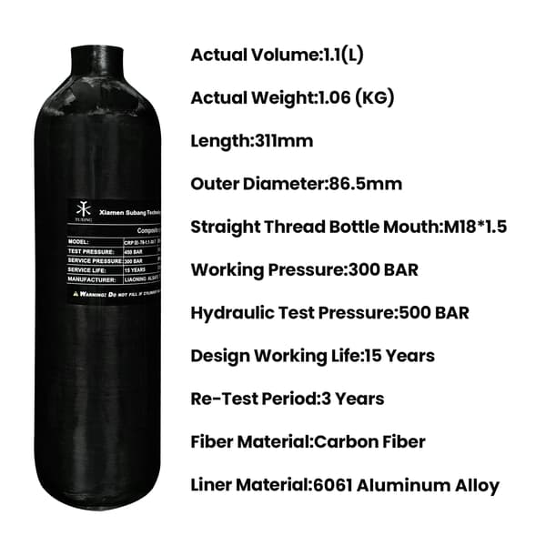 Högtrycksluftcylinder, kolfiber, 1,1L kapacitet,1.1L