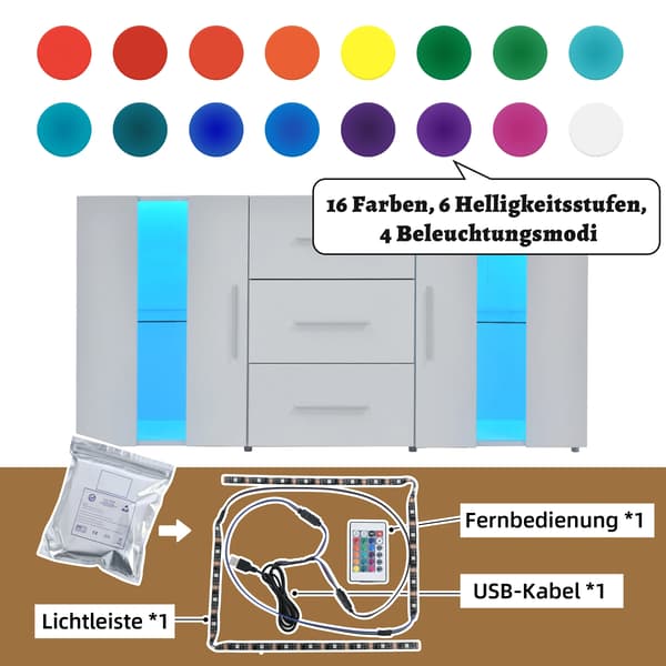 TV-bänk, Modern Design, LED-belysning,Vit + MDF + LED