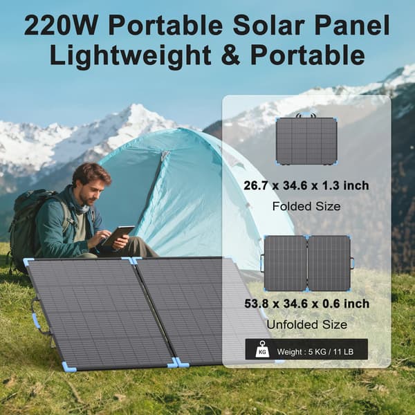 Solpanel, 220W effektudgang, bærbar og foldbar design,220W solpanel