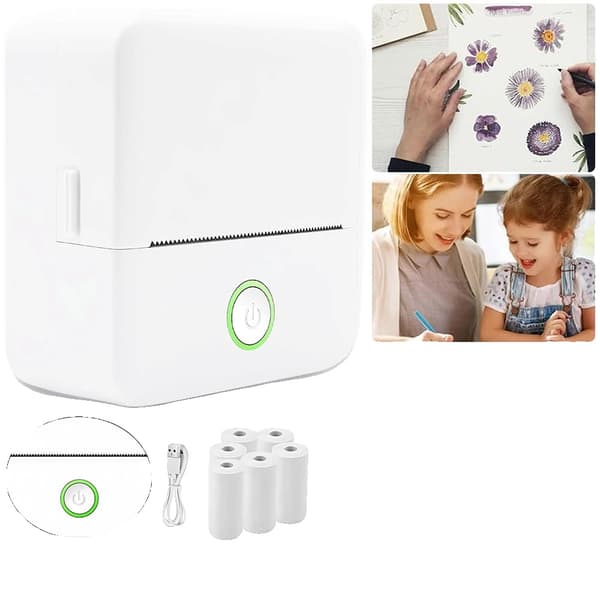 Mini termisk printer, blækfri, Bluetooth-forbindelse, 6 ruller papir, kompakt størrelse, alsidige anvendelser