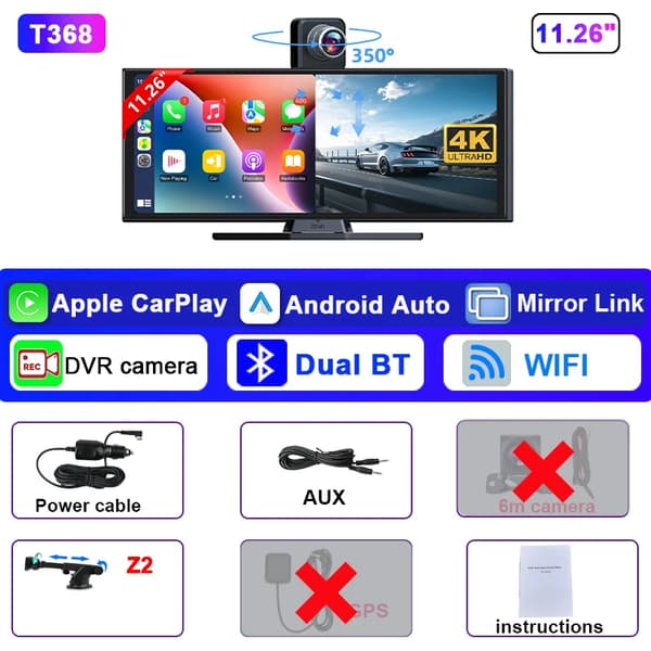 Dashcam, Kaksoislenssi, Langaton CarPlay ja Android Auto,T368-DVR+Z2