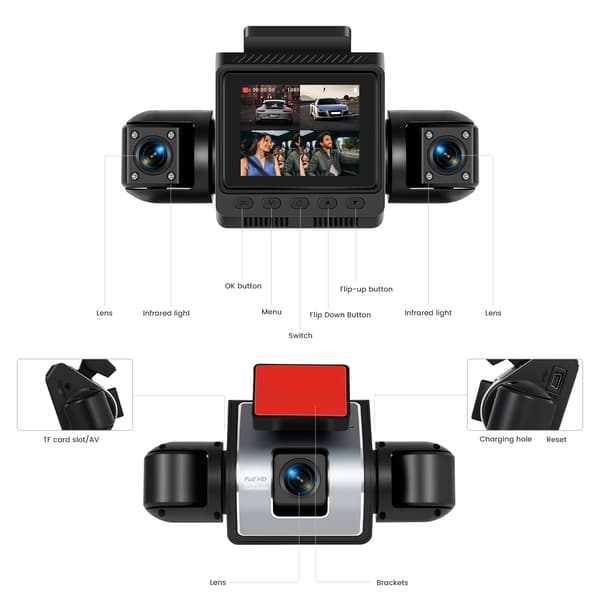 Dash Cam, 4 Linser, Nattesyn,Bil Dash Cam