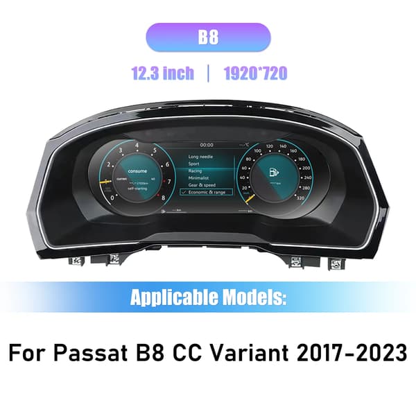 Digital Dashboard, 12,3-tommer skærm, kompatibel med Passat B8 CC 2017-2023, Linux operativsystem, til Passat B8 CC