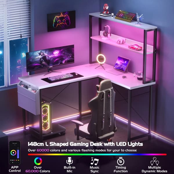 Gamingbord, Multi-Farvet LED-belysning, L-formet design,01 Hvid