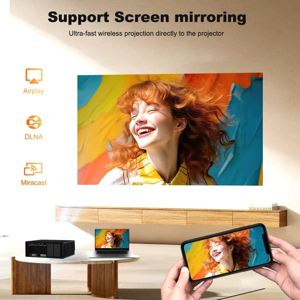 Projektor, 1080P understøttelse, Bluetooth og WiFi-forbindelse,sort